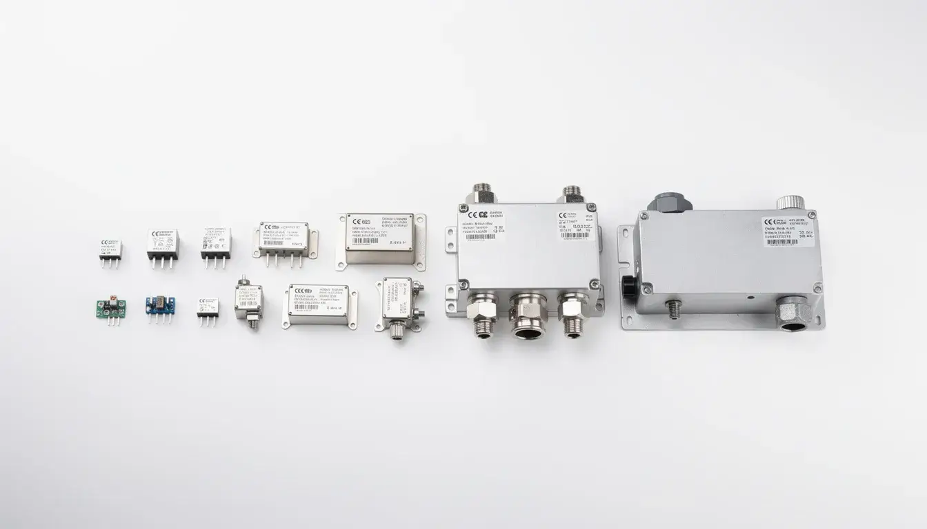 The image features an array of industrial power components and EMI filters arranged on a white background, showcasing various sizes from small PCB-mount units to large chassis-mount housings. 
